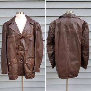 Vintage 70s Western Sears Brown Leather Shop Fleece Insulated Car Coat Jacket Lg